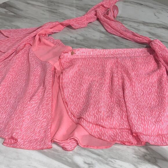 Aerie Pink Chiffon Wrap Skirt Size Large – Abstract Brushstroke Flowy Lined Mini - Picture 7 of 12